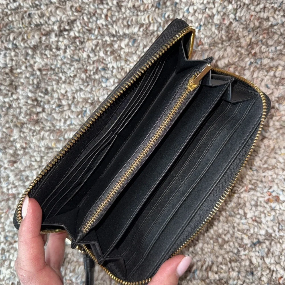 Coach Black Pebble Leather‎ Gold Zip Around Wallet And Wrist Strap C4451